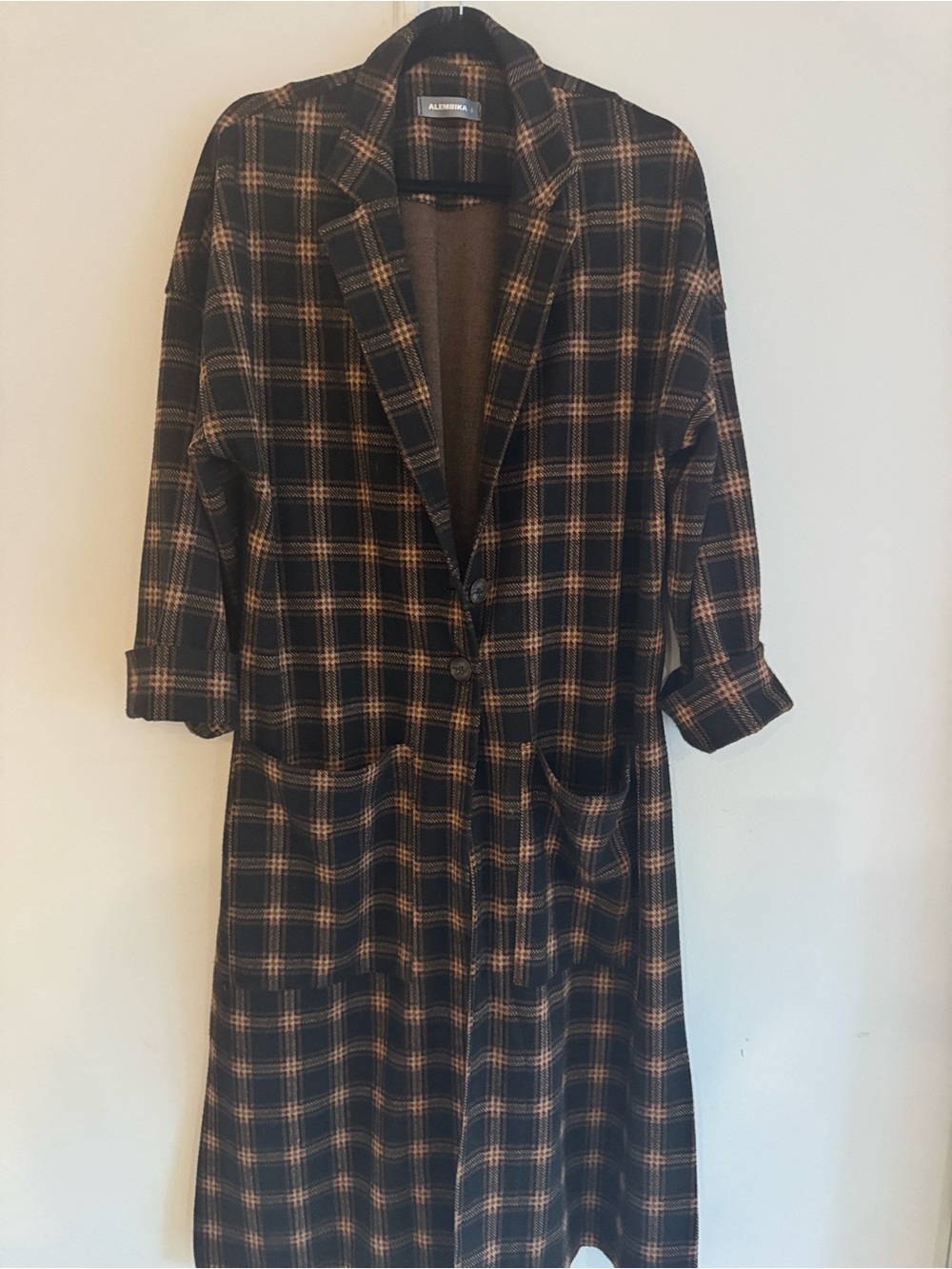 Alembika Plaid Long Duster Cardigan Jacket in Brown & Black Plaid